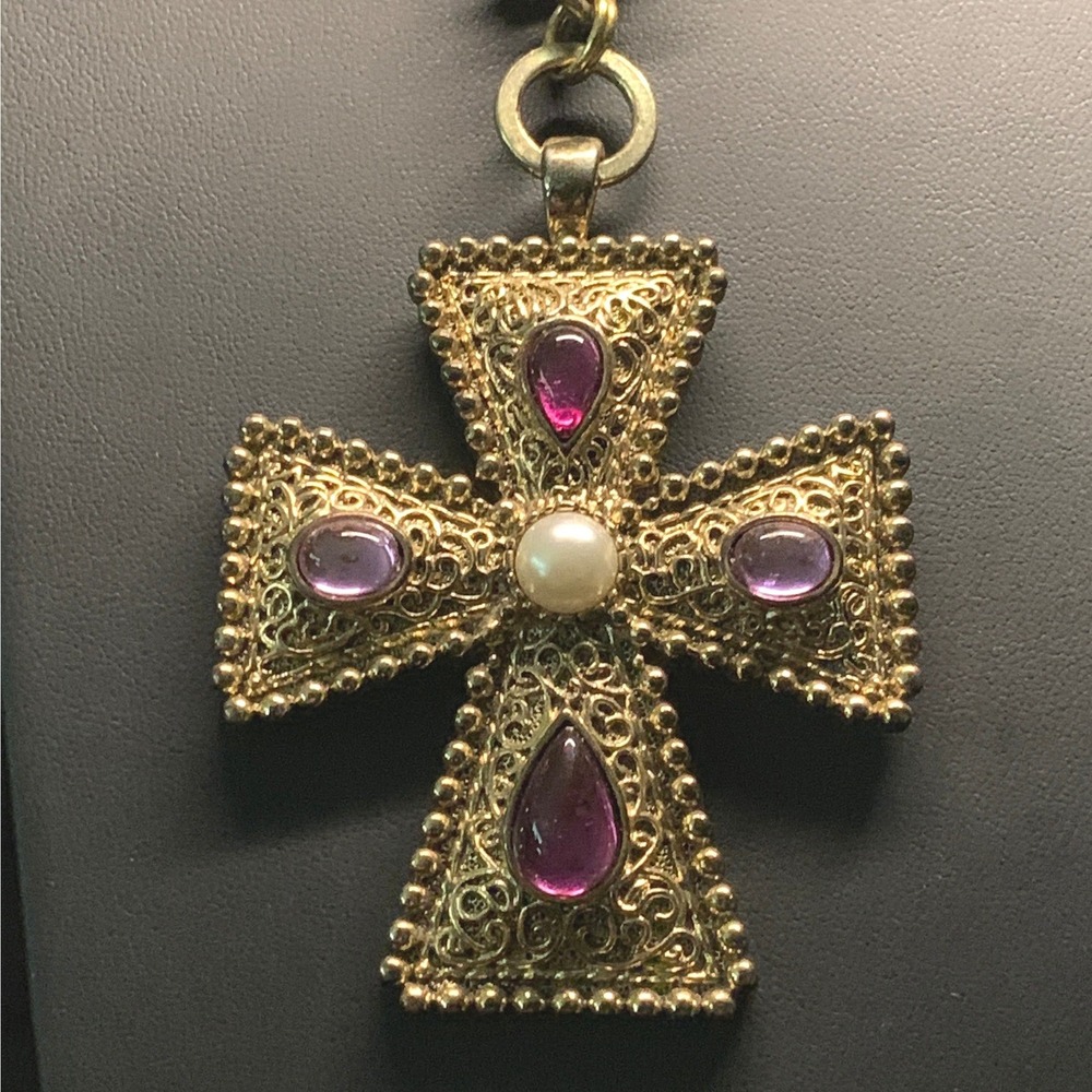 Gold Tone Ornate Filigree Cross Pendant Necklace Purple Stones Faux Pearl Heart